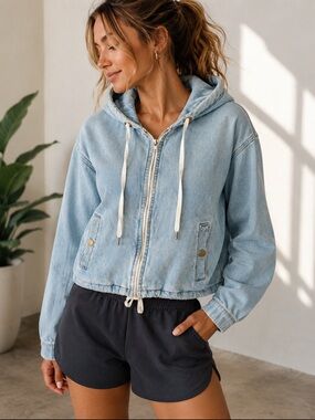 Highway Jeans Light Wash Denim Hooded Jacket Size S Zip Up Drawstring